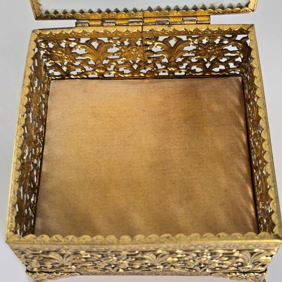 Vintage Ormolu Gold Filigree Jewelry Casket Beveled Glass Hollywood Regency - Picture 9 of 12